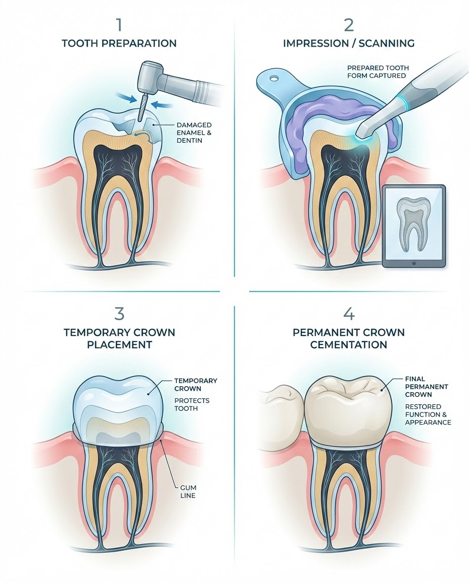 dental crown cost procedure steps and process diagram
