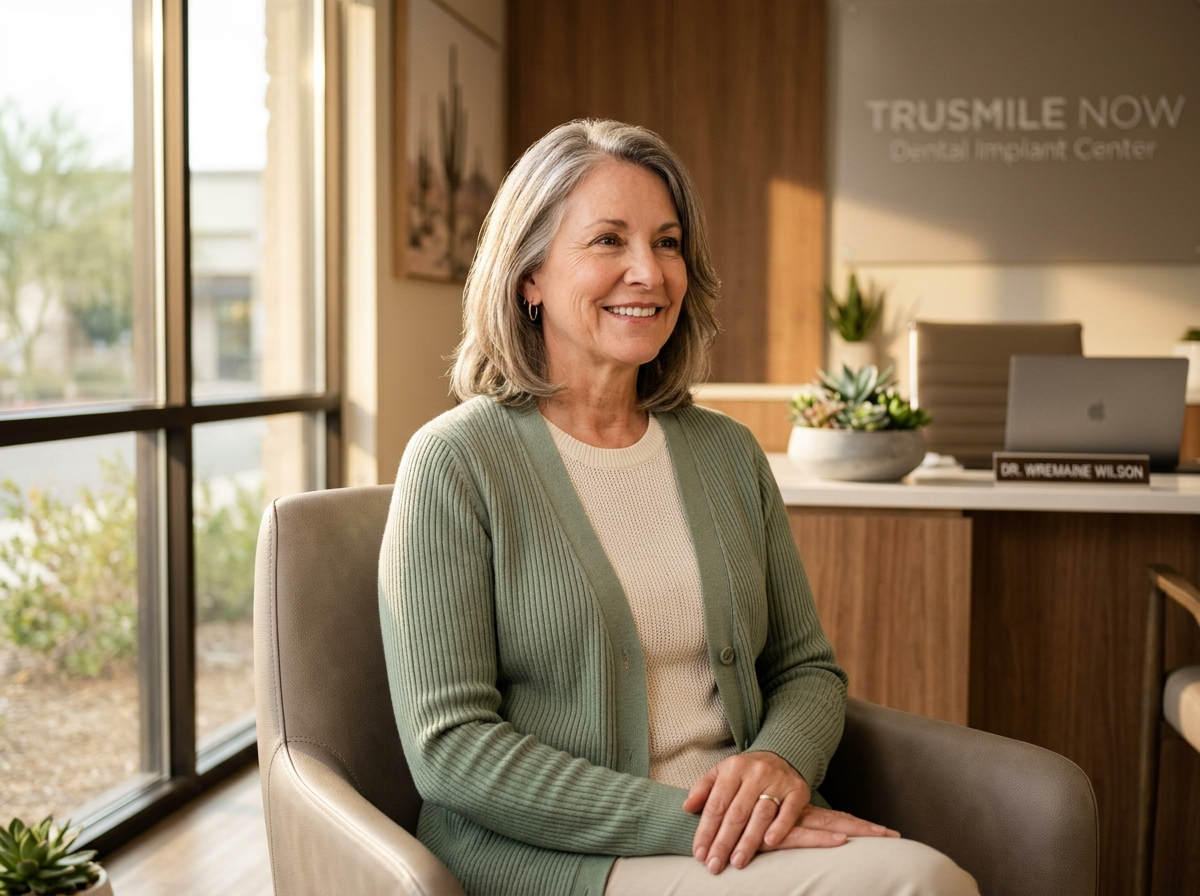 Patient enjoying life after comfortable dentures treatment at TruSmile Now