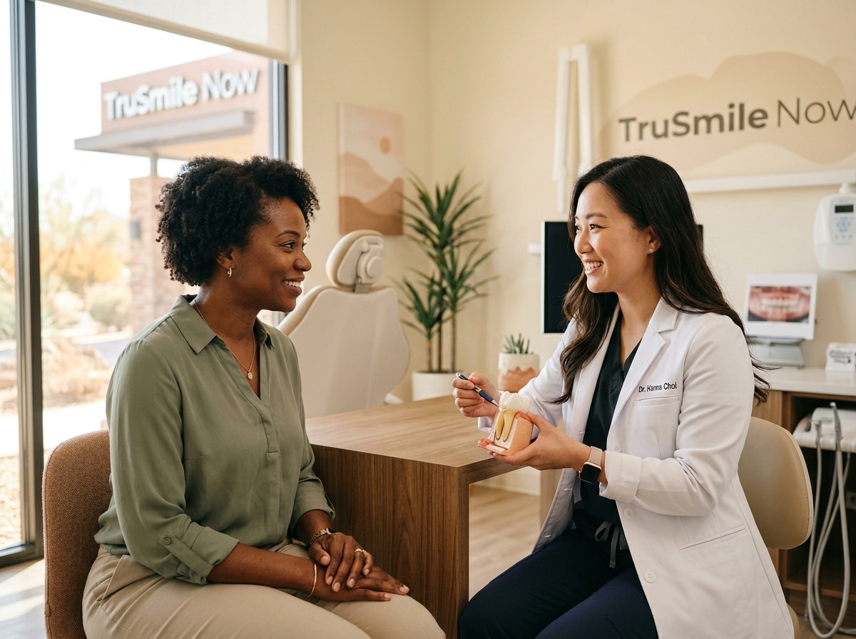 Patient smiling confidently after veneer treatment at TruSmile Now
