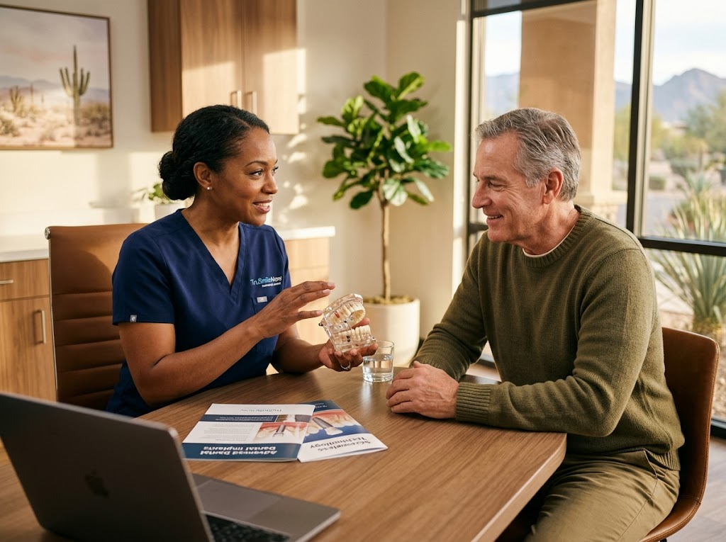 Patient enjoying life after screwless dental implants treatment at TruSmile Now