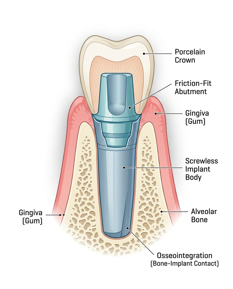 screwless dental implants procedure steps and process diagram
