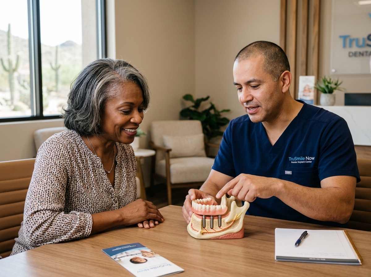 Patient enjoying life after implant-supported dentures treatment at TruSmile Now
