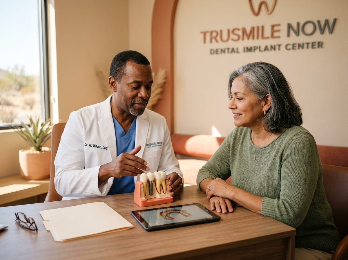 Senior patient smiling after Medicare dental implants treatment at TruSmile Now