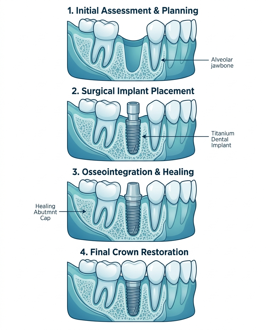 Medicare dental implants procedure steps and coverage process diagram