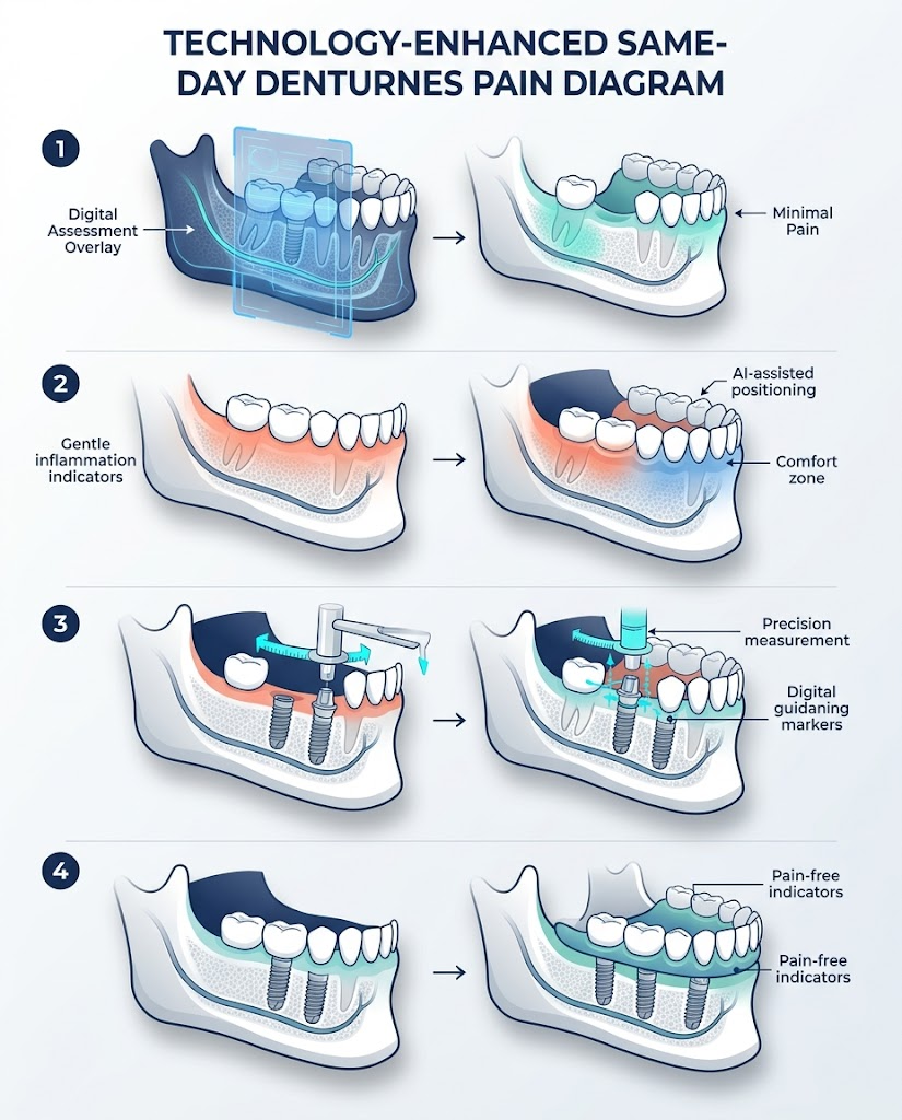 same day dentures pain management timeline and relief steps diagram