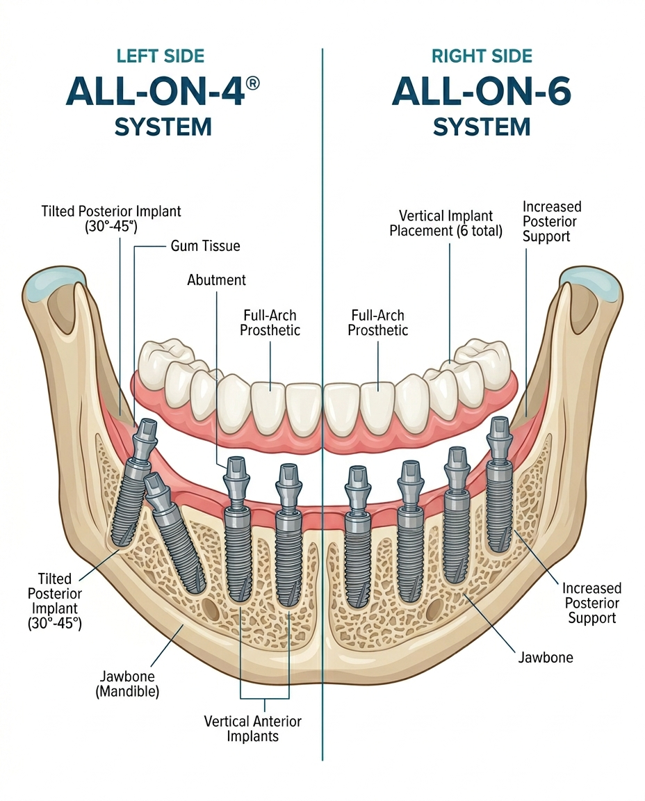 All-on-4 All-on-6 implants procedure steps and process diagram