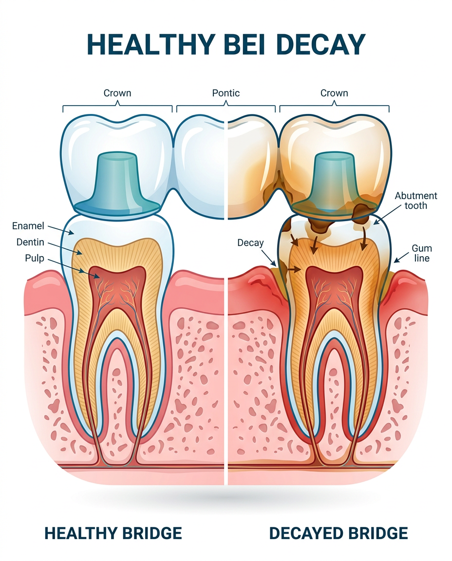 teeth rot under bridge prevention steps and proper care diagram