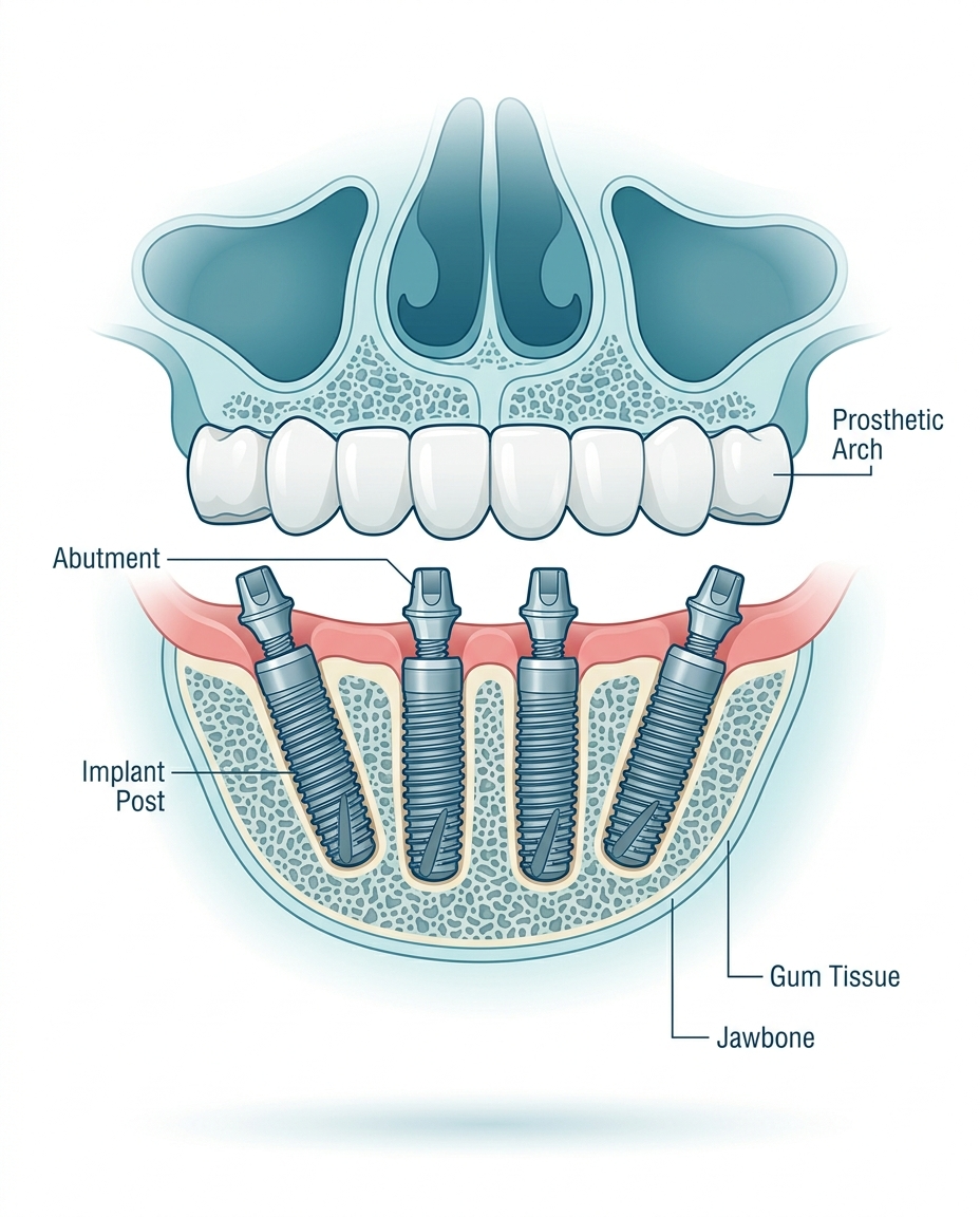 All-on-4 dental implants procedure steps and process diagram