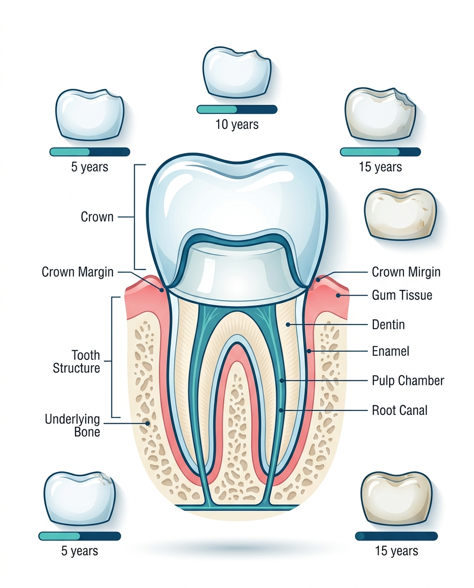 dental crown care and lifespan factors diagram