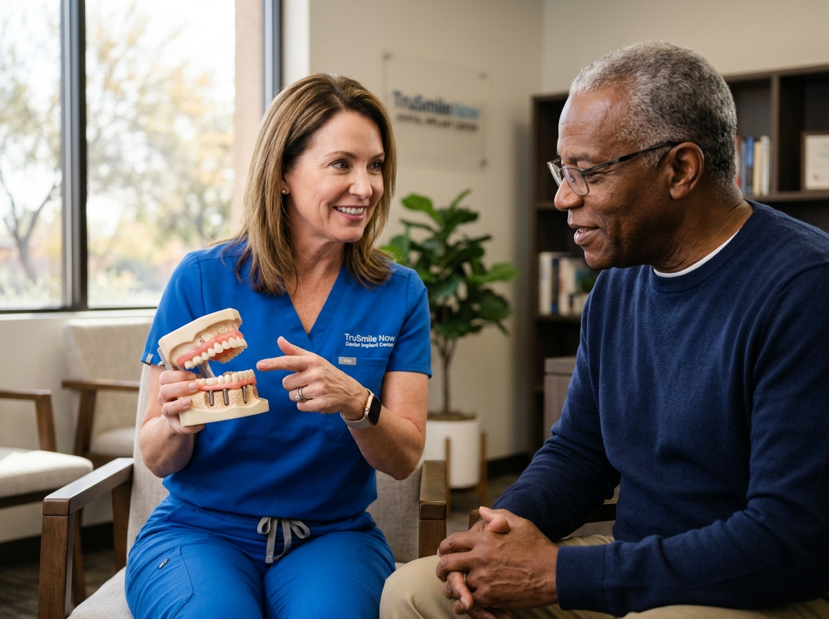 Patient considering implant-supported dentures treatment options at TruSmile Now